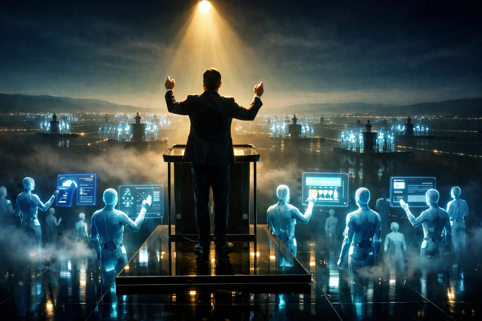 Дирижёр на стеклянном подиуме управляет оркестром светящихся AI-агентов, каждый из которых работает со своим сервисом. На горизонте - десятки таких же команд, соединённых световыми линиями