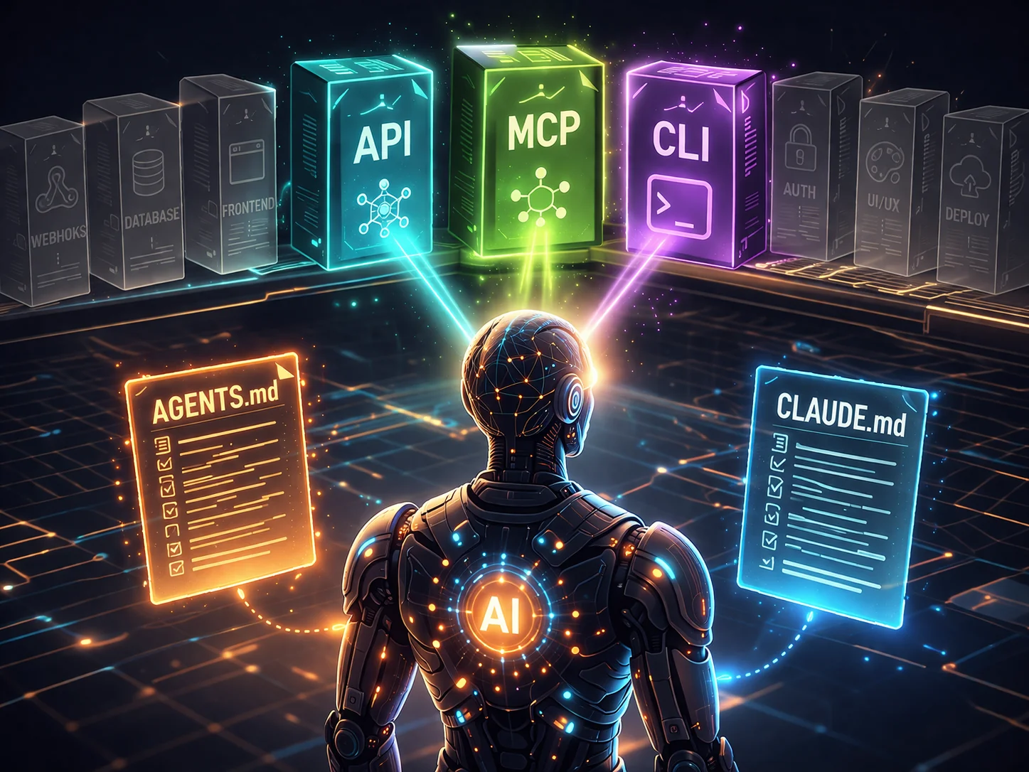 AI robot seen from behind looking at glowing product boxes labeled API, MCP and CLI, with AGENTS.md and CLAUDE.md documents floating nearby, gray invisible boxes in the background