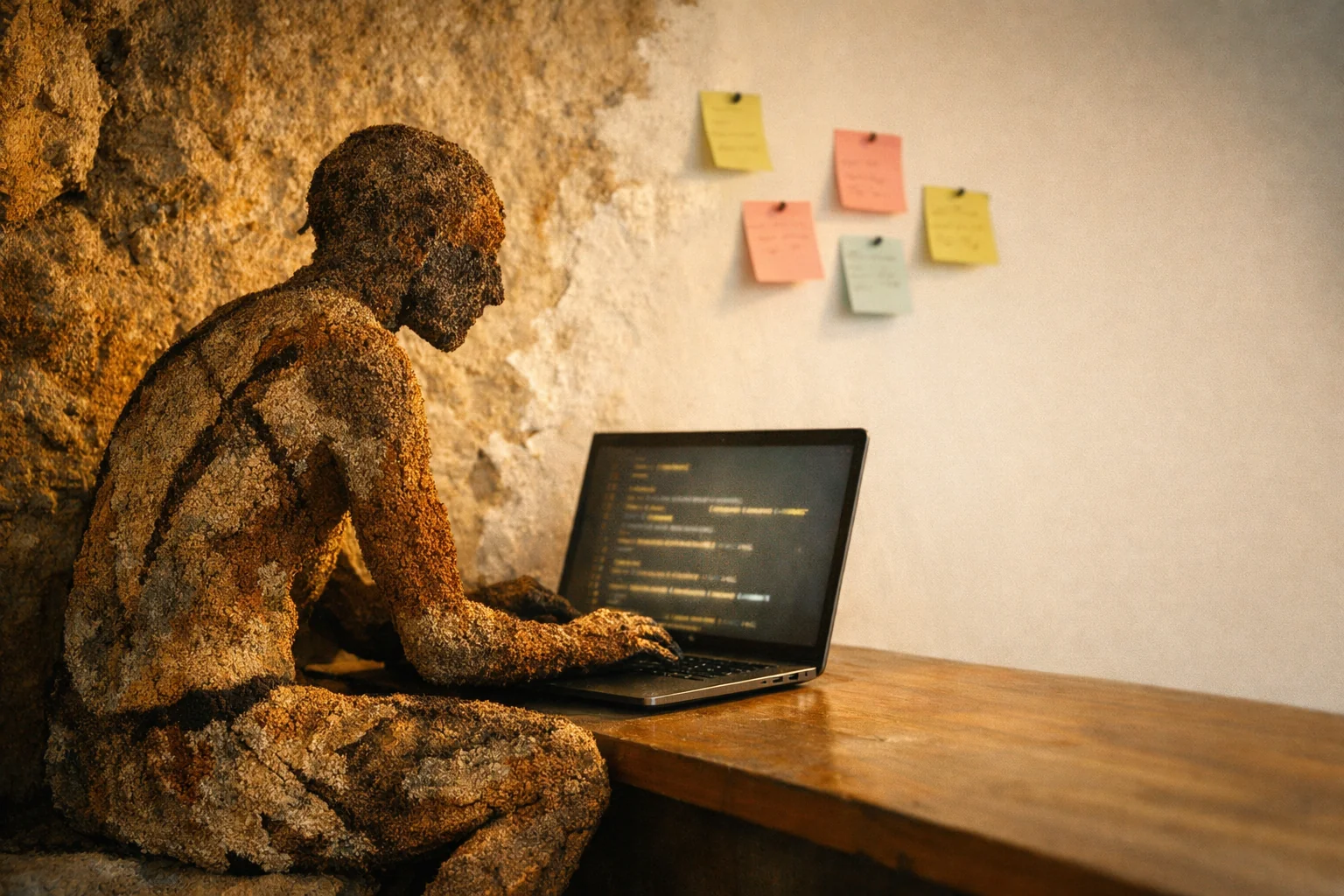 фигура пещерного человека, сделанная из камня и охры, сидит на деревянной лавке и печатает на современном ноутбуке с кодом на экране. Слева каменная стена пещеры, справа чистая стена с разноцветными стикерами. Тёплый золотистый свет. Метафора: примитивная простота встречает современный инструментарий - Caveman-промпт "говори как пещерный человек" как пример harness-трюка.