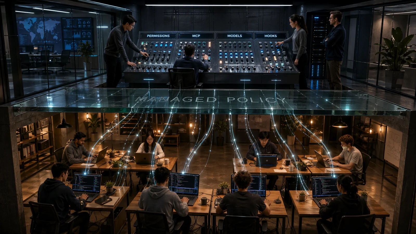 Cutaway illustration of a two-level office. On the upper floor, four IT administrators stand by a large control panel with rows of toggles and indicators; glowing labels above the panels read PERMISSIONS, MCP, MODELS, HOOKS. A translucent glass floor etched with MANAGED POLICY separates the levels. Below, an open workspace: seven developers at laptops running Claude Code. Thin glowing lines descend from the panel to each laptop, visualizing the flow of rules. Cold blue tones above, warm amber light below.