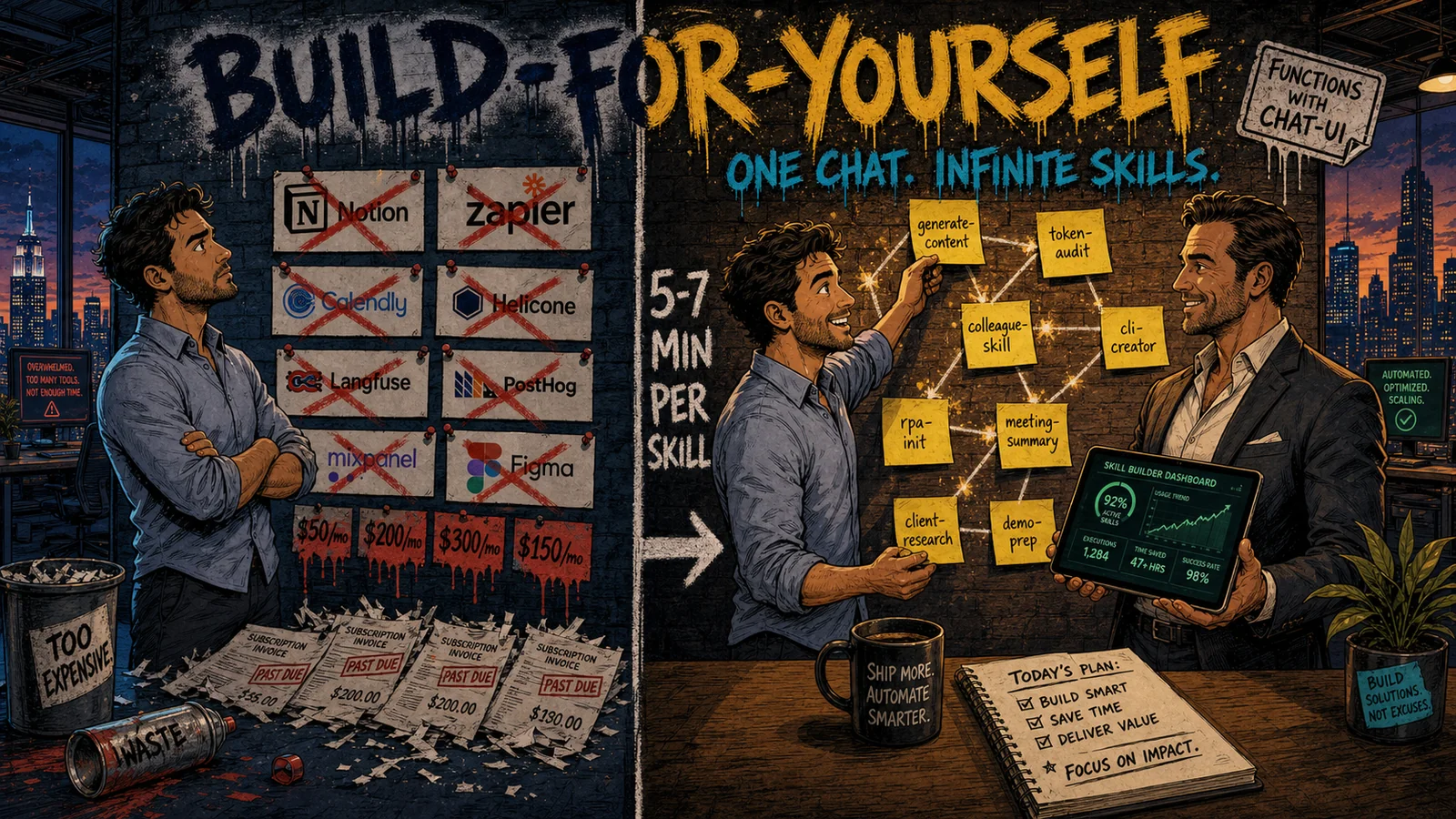 Cinematic split-frame: on the left a PM stares at a wall of crossed-out SaaS logos; on the right the same PM and a businessman stick yellow Post-its with English skill names on a board. Graffiti reads "BUILD-FOR-YOURSELF"