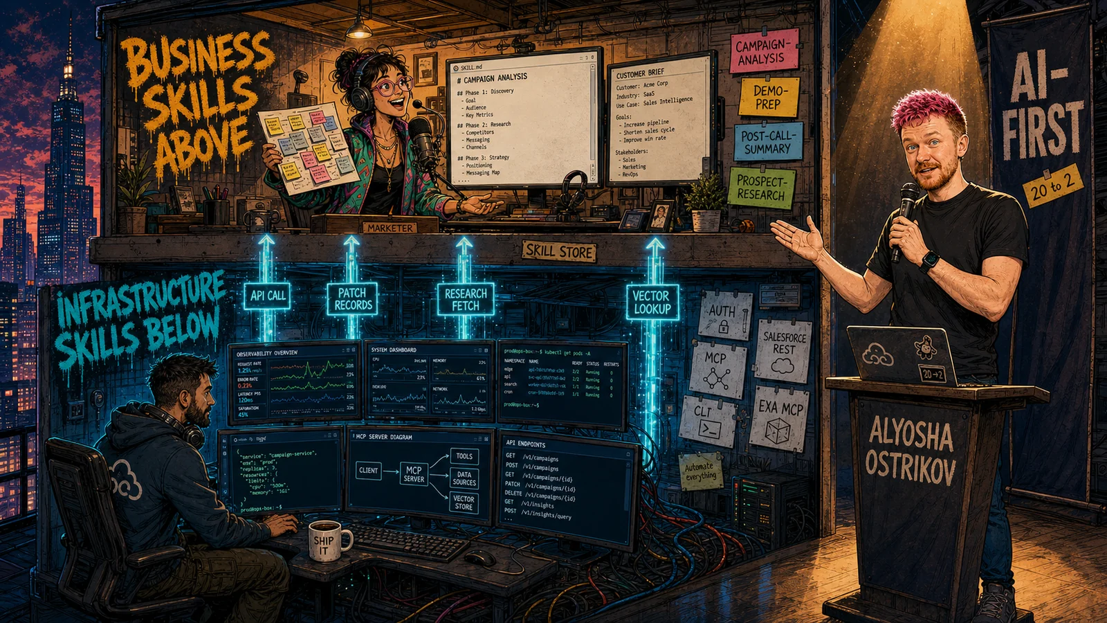 Two-story office cross-section. Bottom: a DevOps engineer in blue light builds infrastructure skills. Top: a marketer in amber light builds business skills. Cyan-glowing pipes connect the floors. On the right, Ostrikov with pink-magenta hair and a red beard at a lectern with a microphone explains the diagram