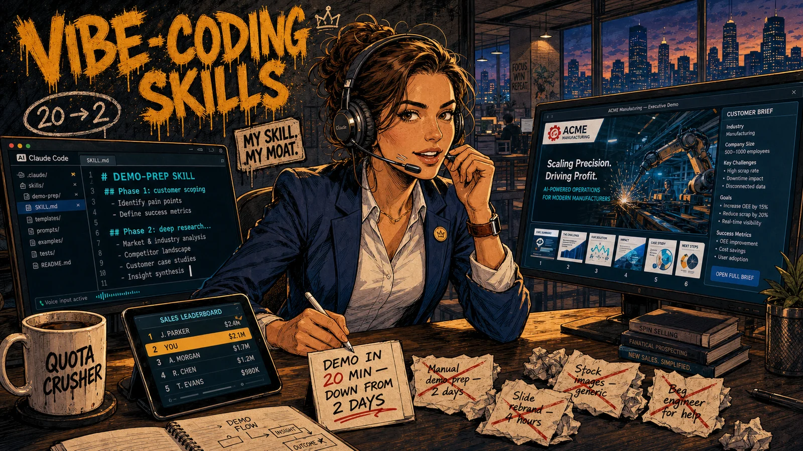 A sales rep with headphones and a microphone dictates their own demo-prep skill into Claude Code by voice. A second screen shows a live preview of a personalized demo for a client. On the floor, crossed-out cards from the old manual process: "2 days", "stock images", "begging an engineer". Graffiti on the wall: "VIBE-CODING SKILLS" and "20 → 2"