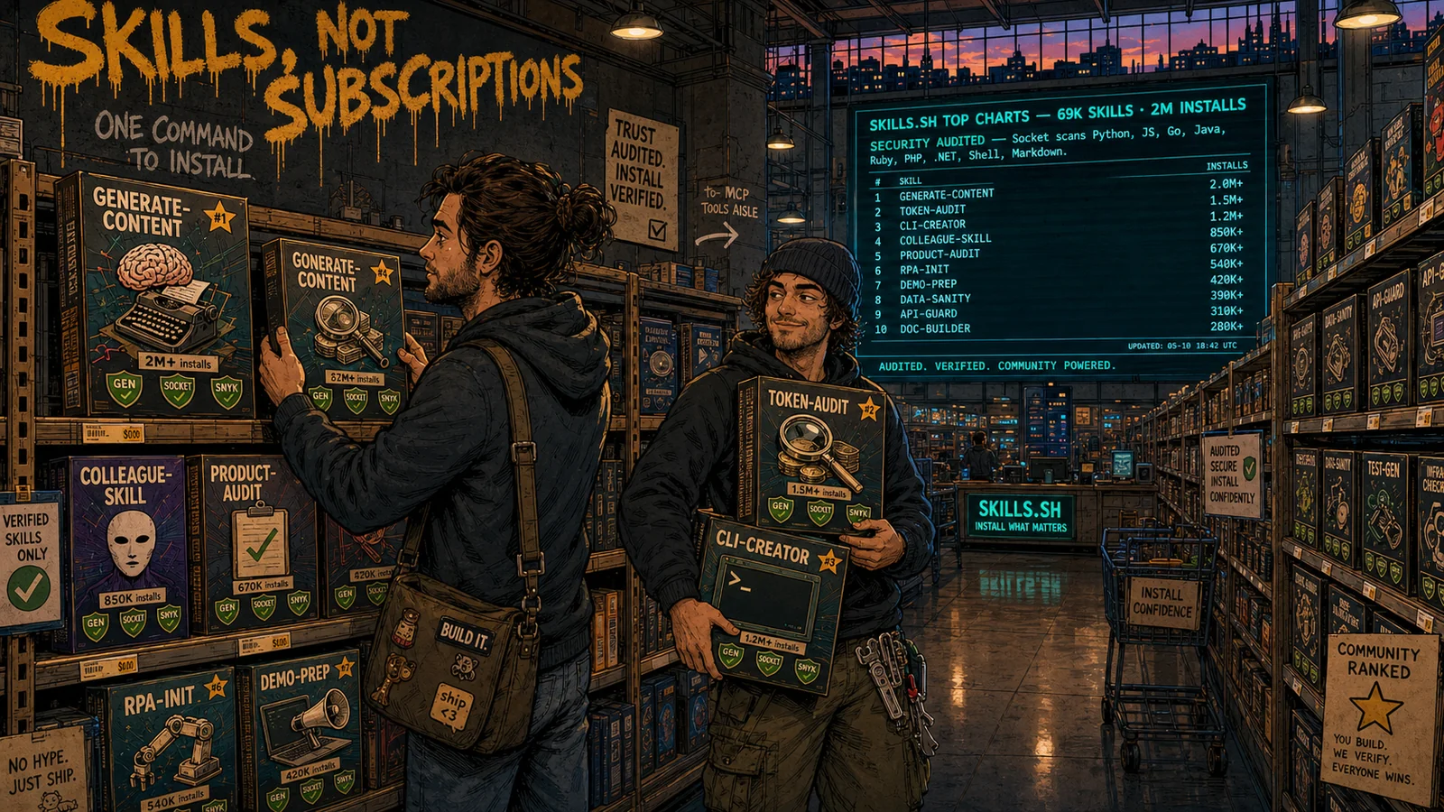 Interior of a "skills store" as a big-box store. Shelves of skill-boxes with English names (generate-content, token-audit, cli-creator), each with an install counter and three security checkmarks from Gen, Socket, Snyk. An indie and a hacker pick out a pair of skills. Graffiti: "SKILLS, NOT SUBSCRIPTIONS".