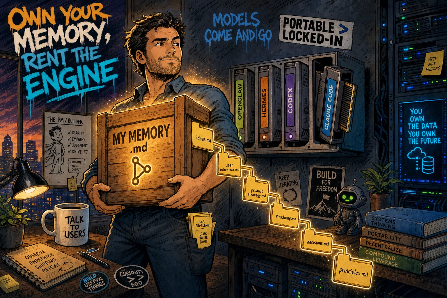 Билдер держит светящийся ящик с подписью "MY MEMORY .md", рядом полка со сменными картриджами-харнессами (Codex, Hermes, Claude Code). На стене надписи "OWN YOUR MEMORY, RENT THE ENGINE", "MODELS COME AND GO", "PORTABLE > LOCKED-IN". Метафора: память твоя, движок арендуешь.
